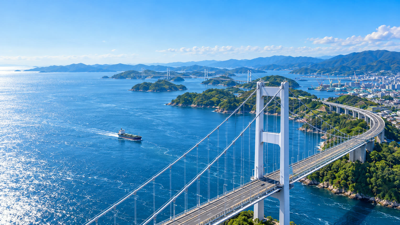 来島海峡大橋の白い主塔とケーブル。眼下の海を貨物船が進み、右手に今治の街が見える