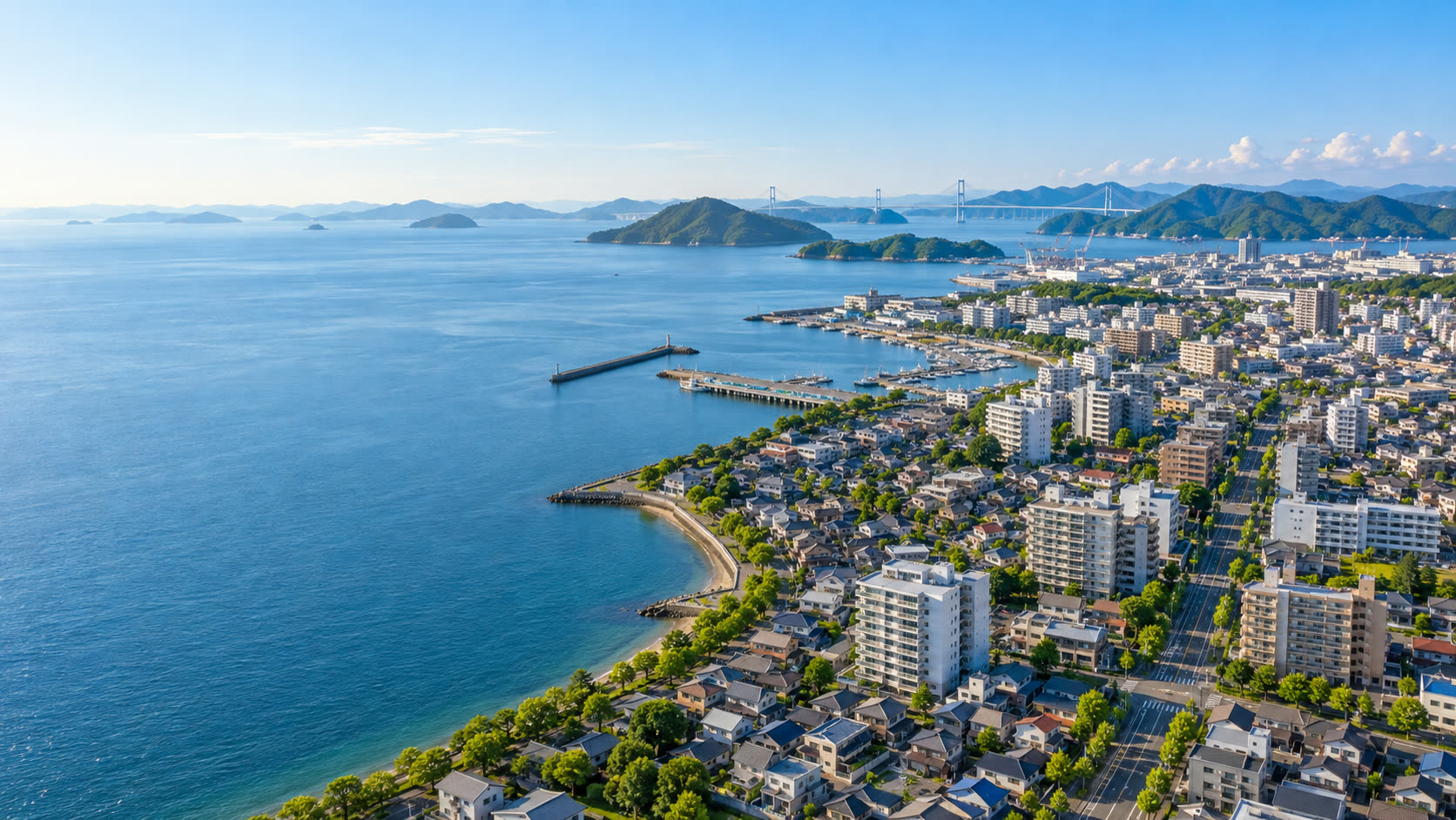 上空から見た今治の街並み。海沿いの通りに白いマンションが建ち、遠くに来島海峡大橋